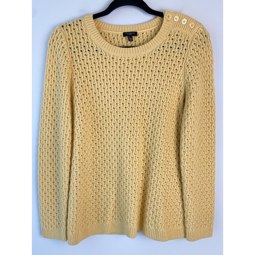 Talbots Lambswool Open Knit Sweater M Petite Yellow Coastal Preppy Button Detail